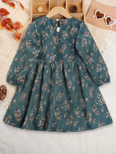 Young Girl Casual Ruffle Trim Round Neck Long Sleeve Floral Dress For Autumn And Winter